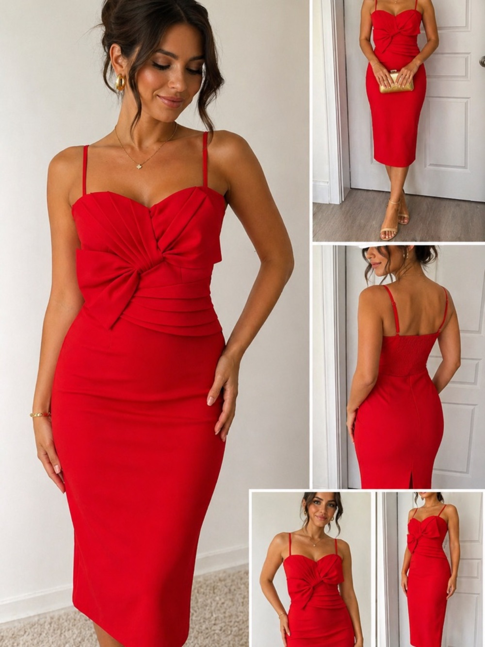 Gracia Red Bow-Detail Spaghetti Strap Midi Dress
